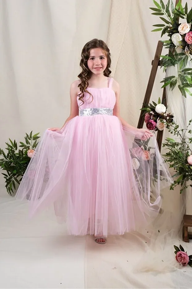 Back Lace Tulle Skirt Girl Satin Party Evening Dress MNK0340 PINK