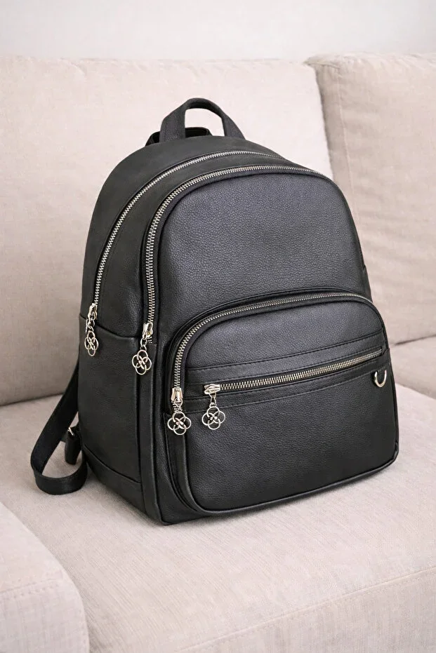 4 Compartment Black Adjustable Strap Multi-Pocket Leather Women's Backpack – Daily Use
