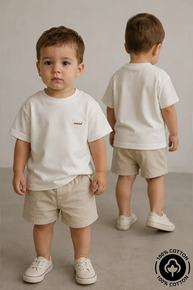 Unisex Crew Neck Badge Detail %100 Cotton Oversize T-shirt Baby-Child