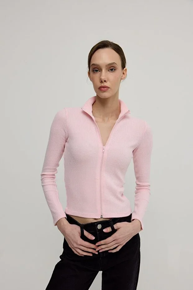 Women's Pink Half Turtleneck Zip-Up Crop Cardigan