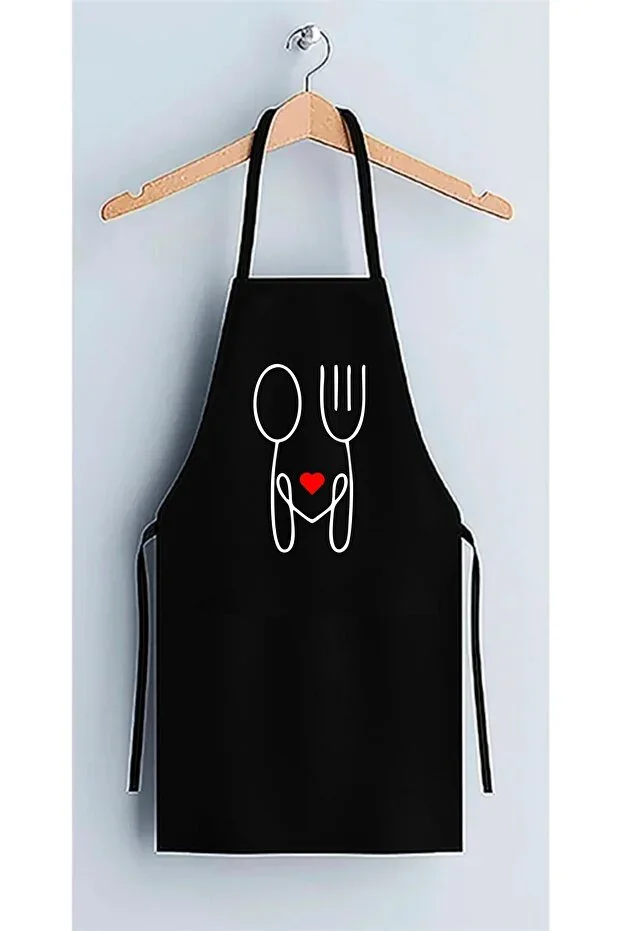 Black Thick Apron Fork Spoon Heart Printed Duck Fabric Kitchen Chef Apron