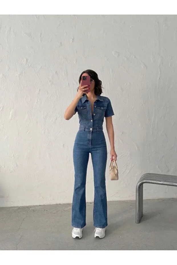 SPANISH FLARE STONE WASH SHORT SLEEVE JUMPSUIT