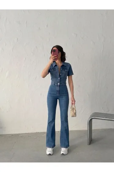 SPANISH FLARE STONE WASH SHORT SLEEVE JUMPSUIT