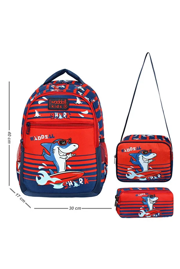 Licensed Navy-Red Shark Patterned Boys' Primary School Backpack and Lunch Bag
