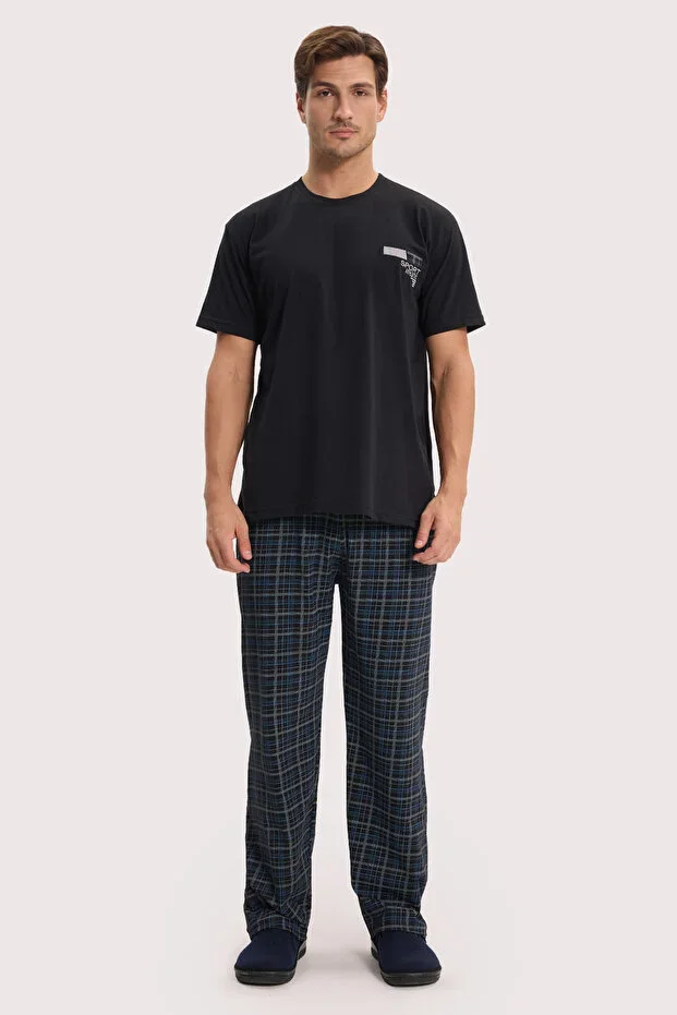 Men's Standard Fit Regular Cut Cotton Crew Neck Short Sleeve Elastic Black Pajama Set