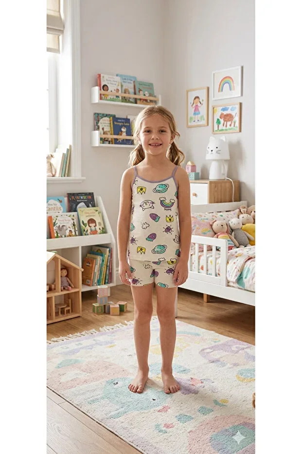 Girls Cotton Lilac Rainbow Heart Strawberry Pattern Tank Top Boxer Set