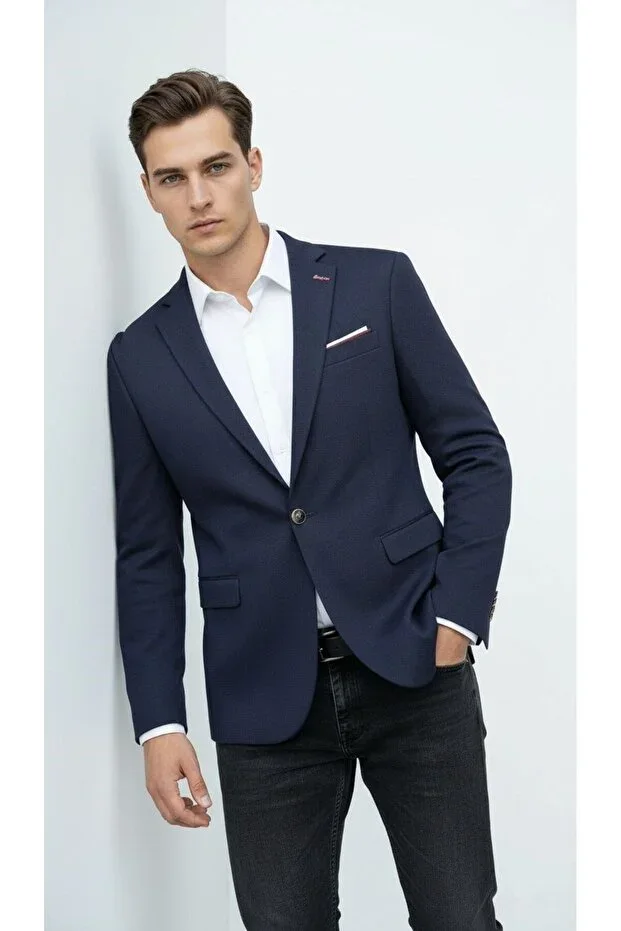 Navy Blue Men's Slim Fit Single-Button Blazer Jacket – Stylish Textured Fabric, Lined, Daily and Office Combinations