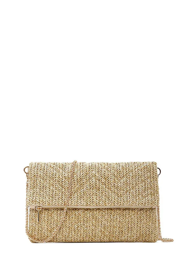 Women's Beige Chain Strap Straw Portfolio Bag 26SBD2213M7