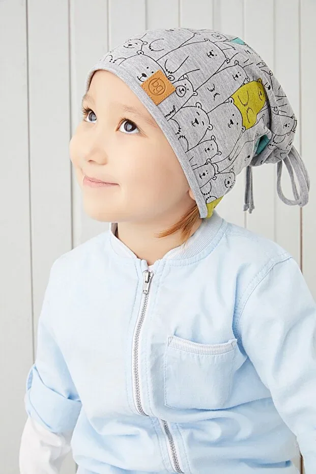 Boys Grey Figured String Detailed 4 Seasons Hat Beanie Buff - Soft Natural Combed