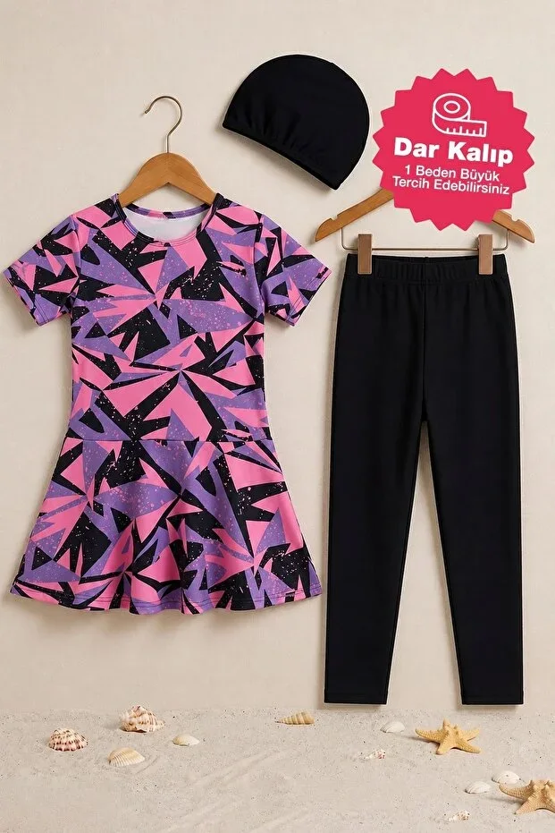 Girls Geometric Patterned Skirted Swimsuit Set