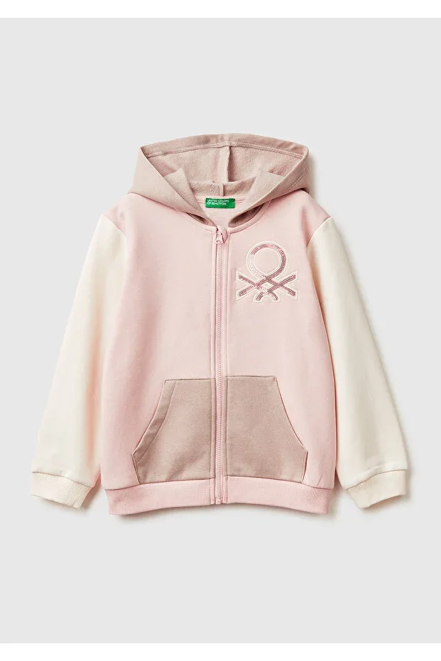 Girls Pink-Ecru Color Block Sequin Embroidered Zip-Up Hooded Fleece Sweatshirt