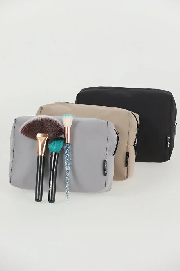 Black/Beige/Grey SHK191 Canvas Fabric, Zippered 3-Piece Makeup Bag Set