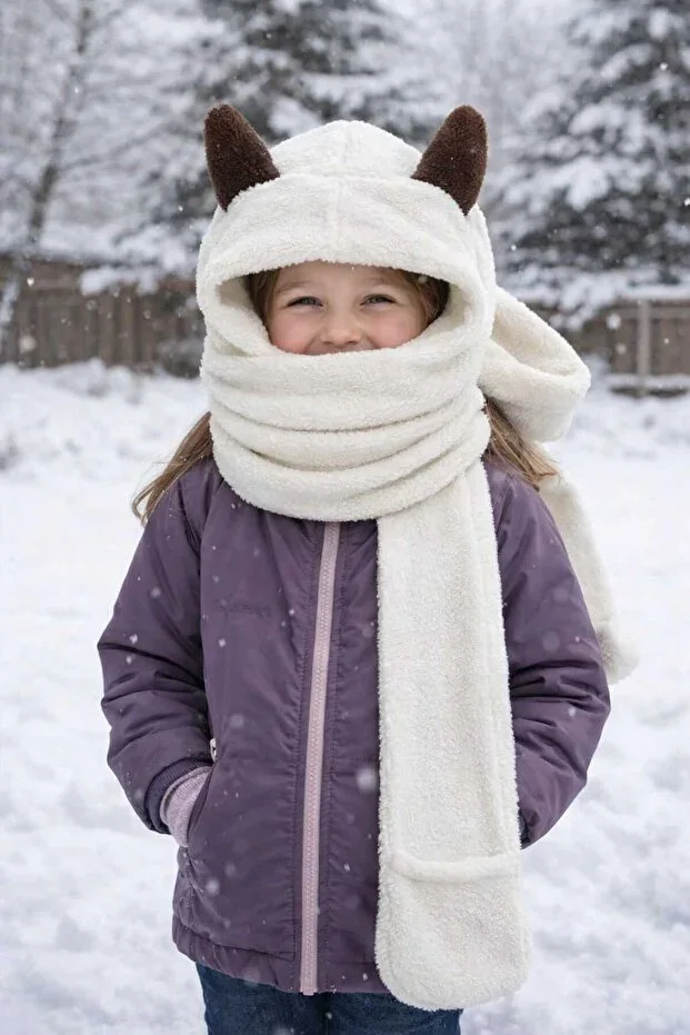 3-in-1 One-Piece Scarf Hat Gloves 7-14 Years Girls Boys Kids Winter Earflap Plush Ecru