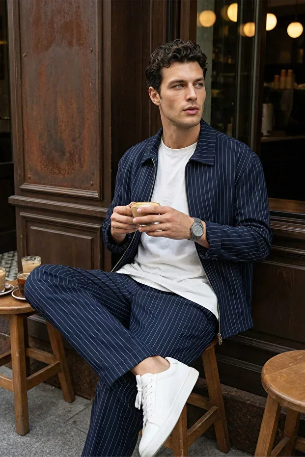 Aniva Men's Striped Relaxed Fit Two-Piece Suit Jacket Trousers