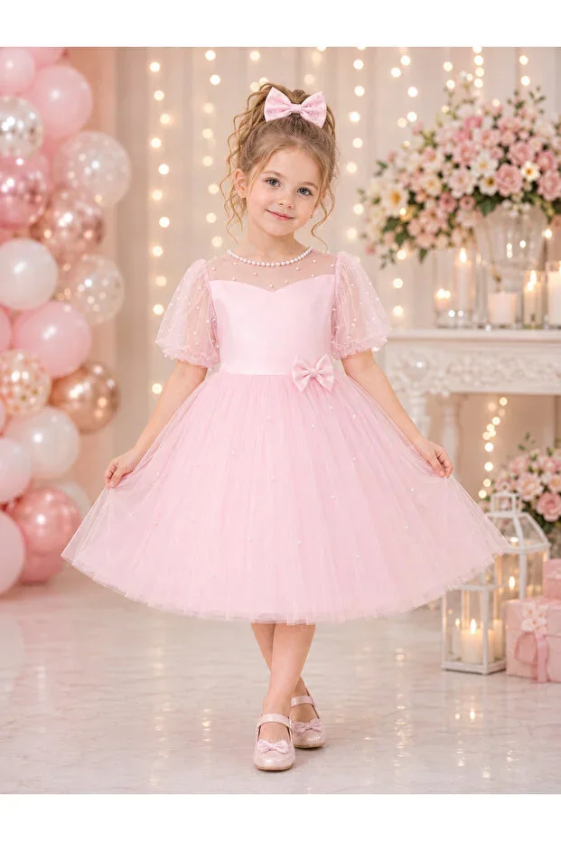 511 Evening Dress for Girls, Tulle, Satin, Pearl, Wedding and Birthday