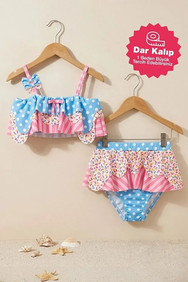 Ruffled Girls' Colorful Candy Patterned Bikini Set