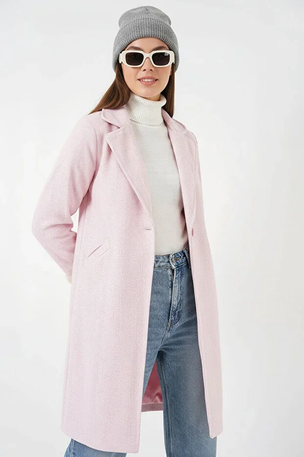 9145 Women's Fluffy Sleeves Fishtail Wool Coat - Powder