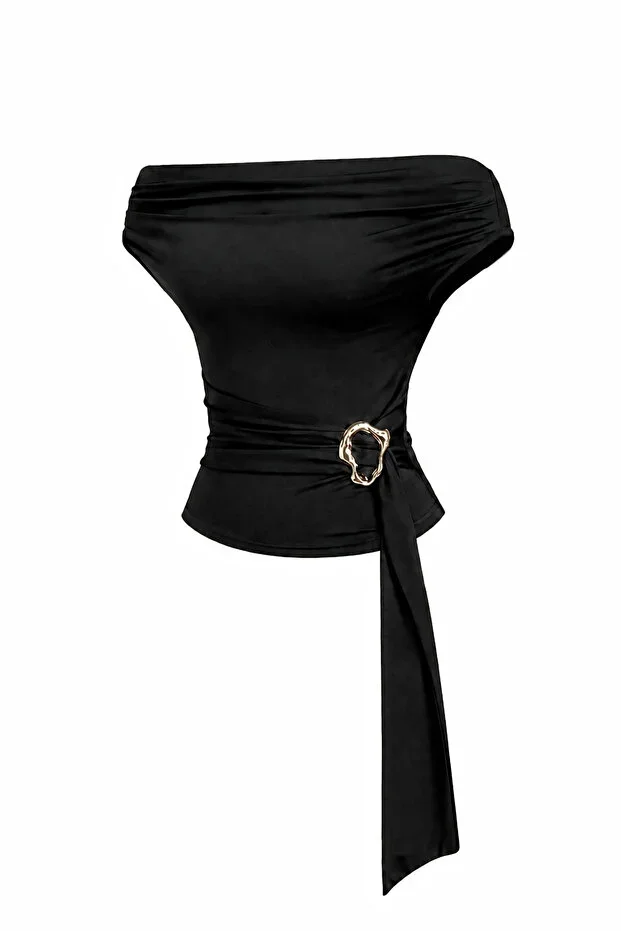 World Fashion Trends Shoulder Shirred Buckle Detailed Shaping Madonna Blouse