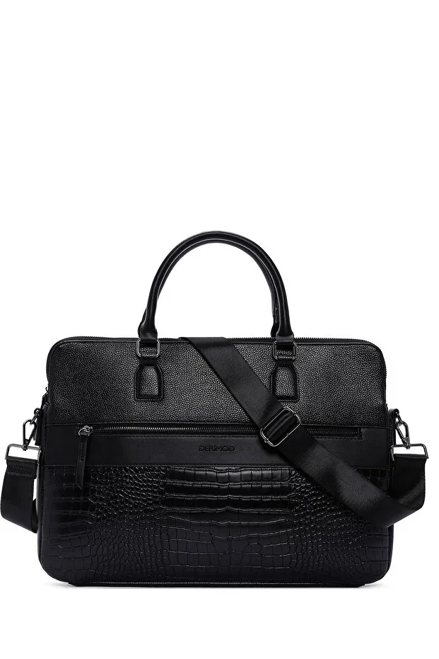Men's Black Long Strap Leather Briefcase 23SBD320214
