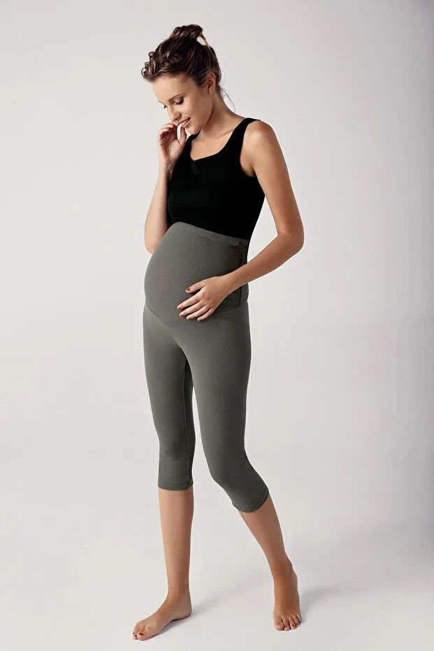 Ribbed Adjustable High Waist Flexible Shaping Capri Maternity Tights F04