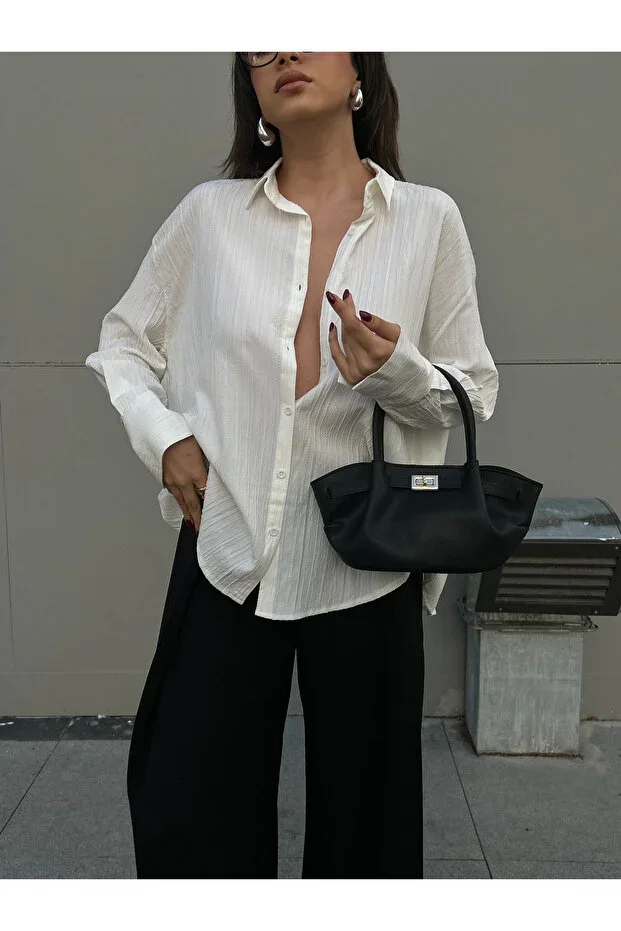 minaaise White Oversize Wide Cuff Women's Shirt 27384