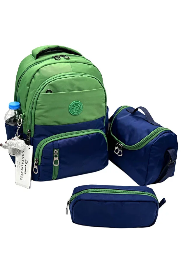 Water Resistant Primary School Bag 3-Piece Set Unisex Children Primary School Bag 8010 Green-Navy