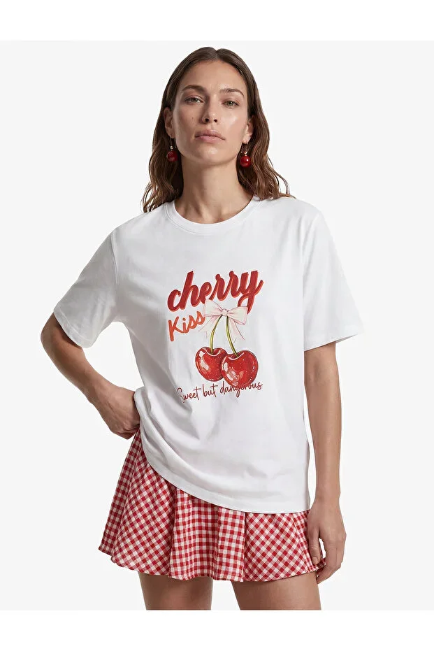 X Sibil Çetinkaya - Cotton Short Sleeve Cherry Print T-Shirt