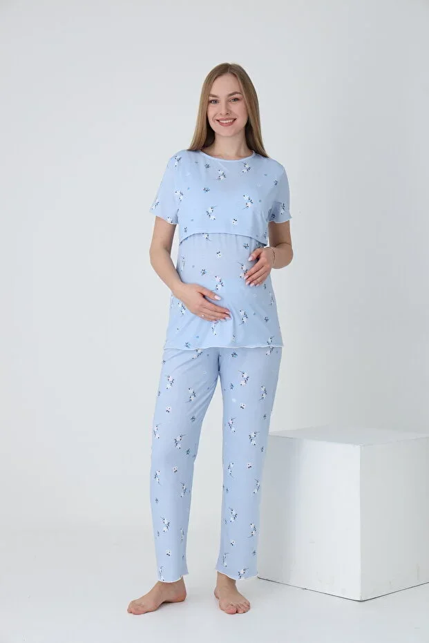 Breastfeeding-Friendly Short Sleeve Printed Maternity and Postpartum Pajama Set with Adjustable Elastic Waist Detail