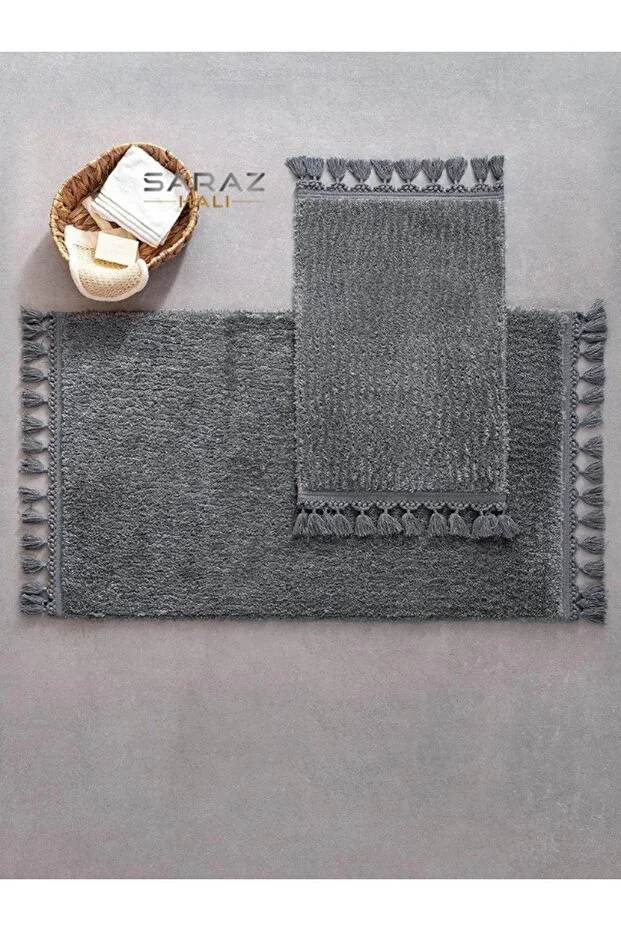 Puffy Bath Mat 2 Piece Tasseled Washable Anthracite