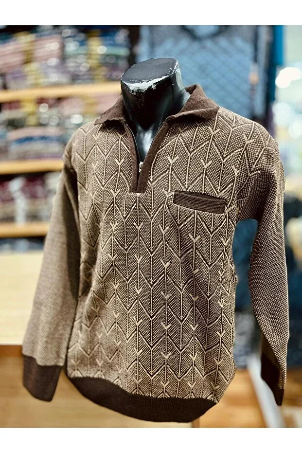 Men's Knit Half-Zip Pocketed Patterned Sweater