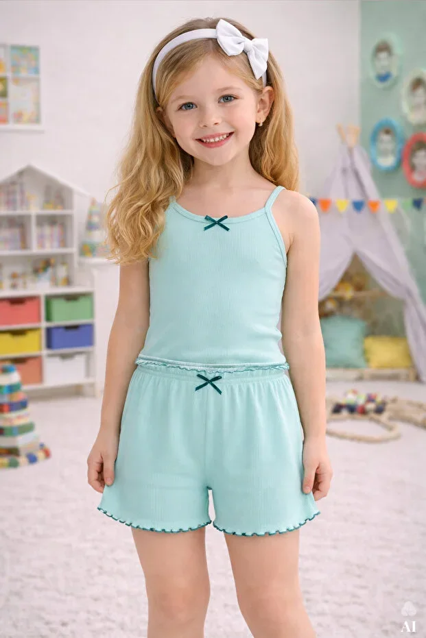 Girls Cotton Bow Strap Pajama Set with Shorts