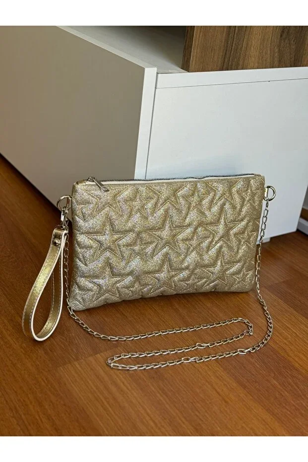 Bagnest Star Embroidered Chain Strap Glittery Leather Wallet & Clutch Bag