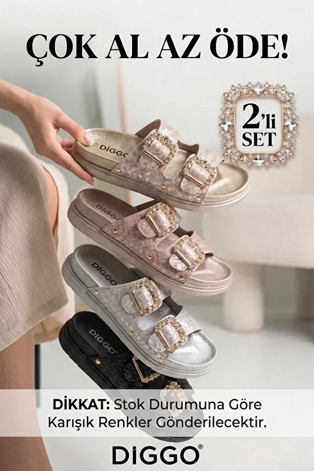 2-Piece Women's Imported Shiny Leather Slipper, Double Buckle, Comfortable Sole Daily Slipper