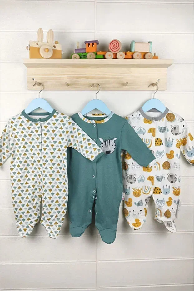 %100 Cotton Colored Zebra Animal Patterned 3-Piece Footed Romper (GIRL - BOY - NEWBORN)