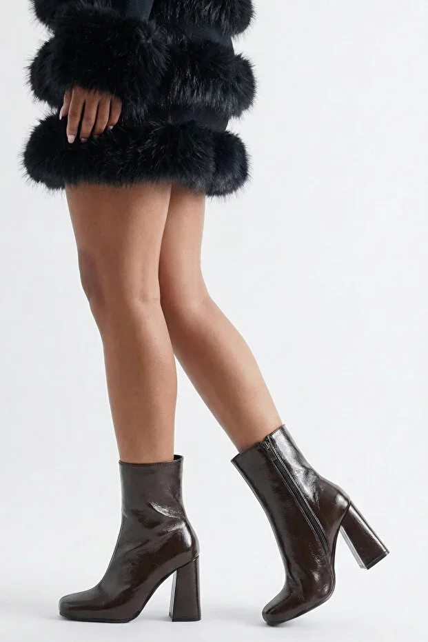 Women's Dark Brown Boots Side Zipper Square Toe 10cm Block Heel Boots Brown