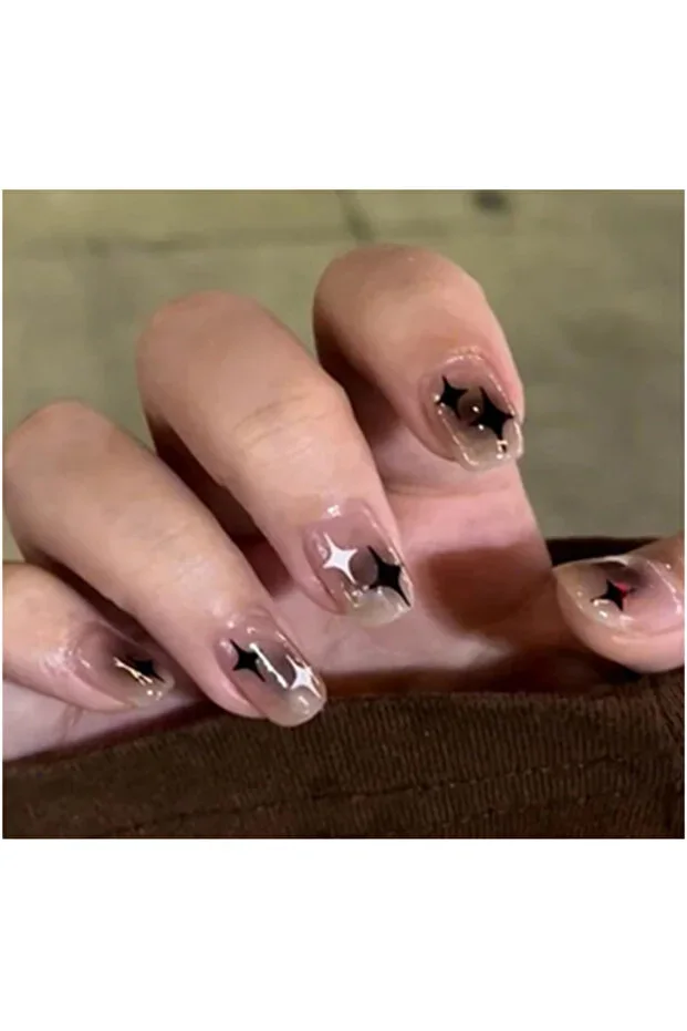 24 pcs Black & White Star Designed False Nail Set / Prosthetic Nail Set