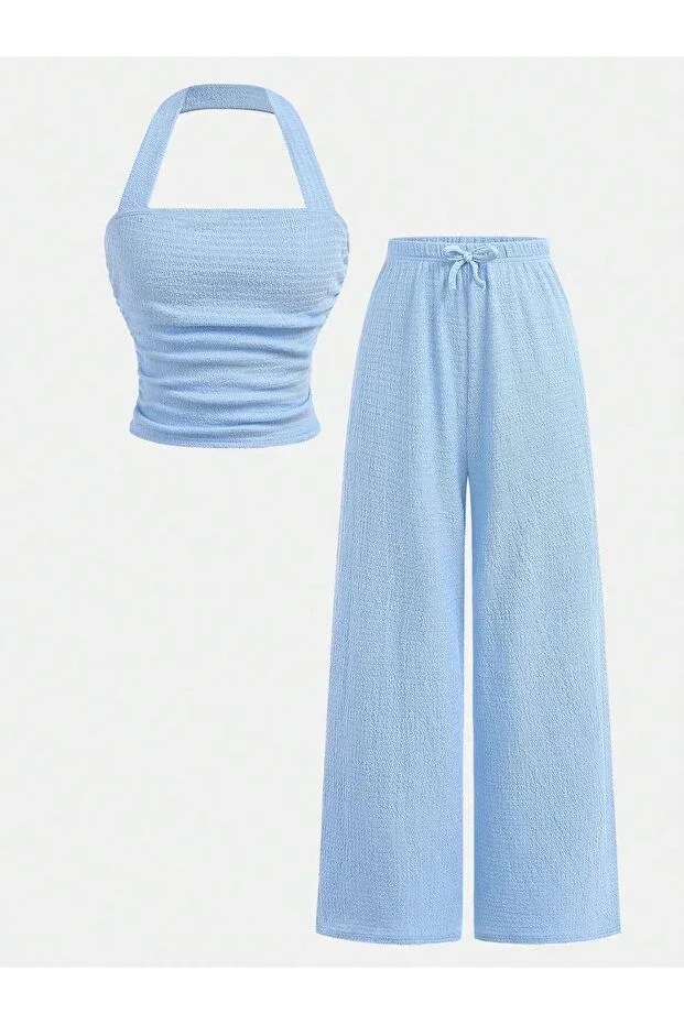 Baby Blue Wide Strap Wide Leg Pants Top Bottom Set