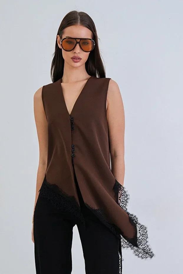 Women's Brown Lace Detailed V-Neck Buttoned Woven Vest Alc-X15387