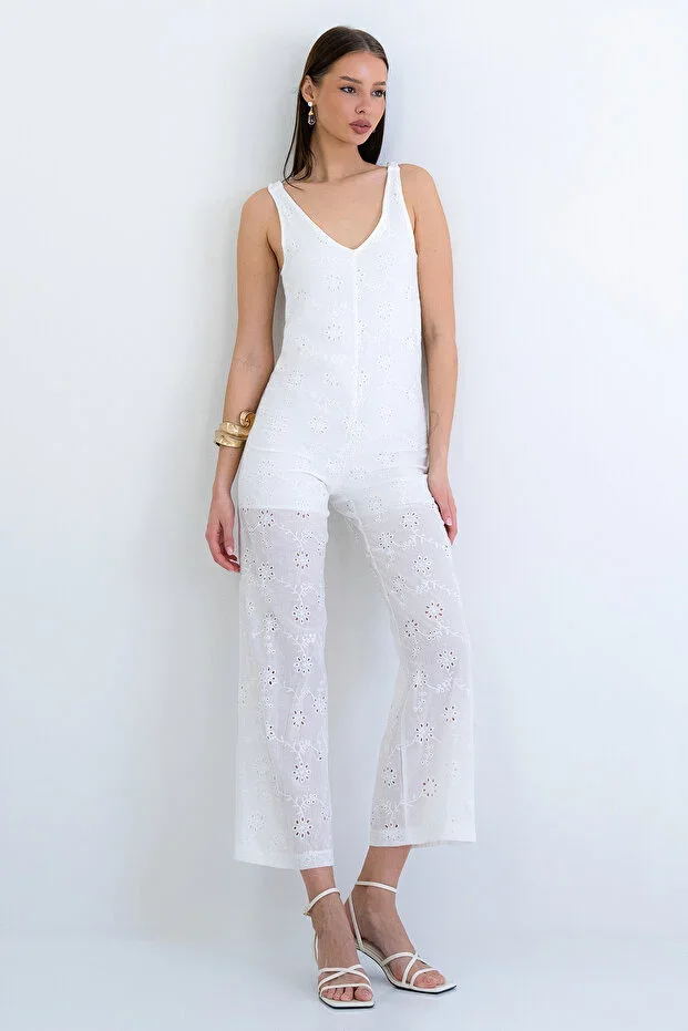 White Strappy Embroidered Tulle Lined Woven Jumpsuit ALC-X15181