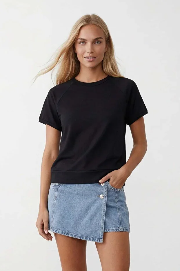Black Crew Neck Raglan Sleeve Oversize T-Shirt Alc-X15492
