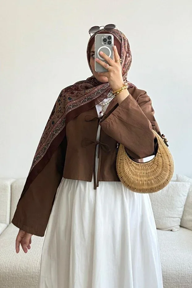 Giyim Gezegeni Front Tied 2 Laces Brown Kimono Shirt Modern Modest Stylish New Season Kimono Shirt