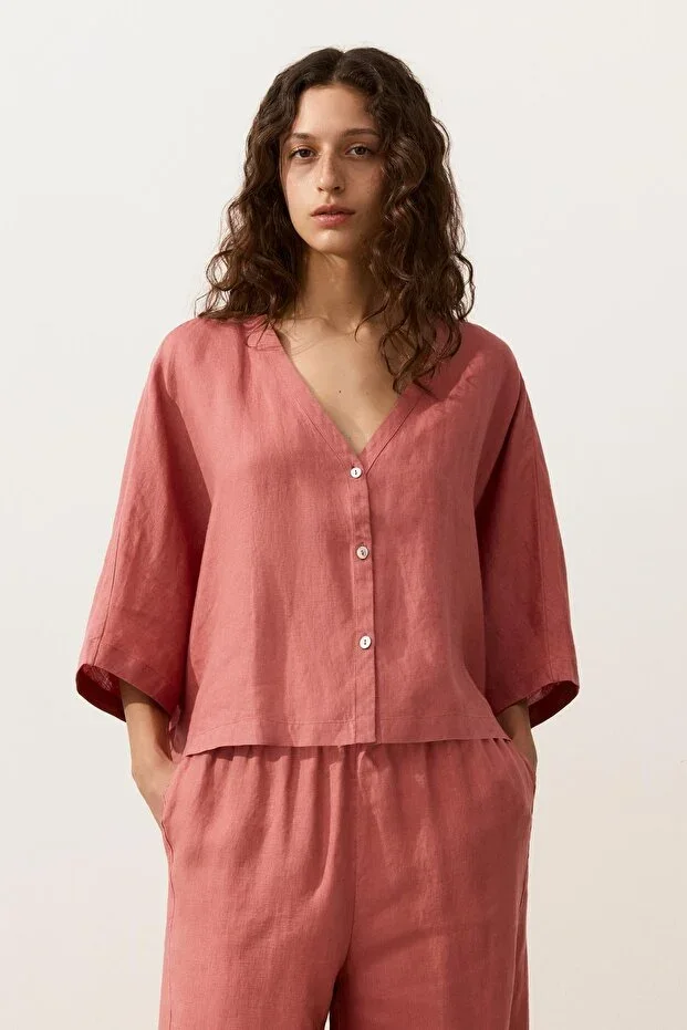 Oysho 100% Linen Short-Sleeved Shirt