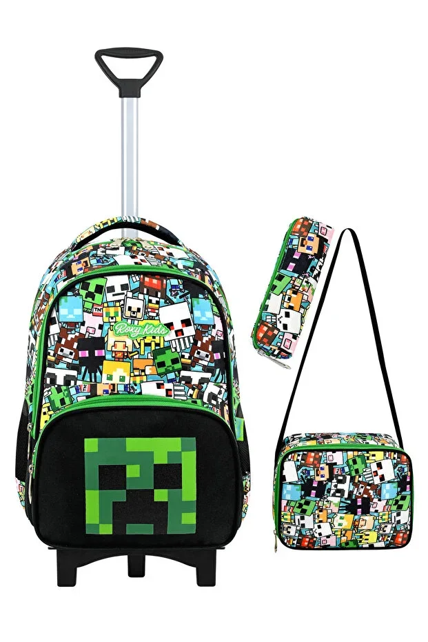 Mine Creeper Minecraft Pull handle 3-piece Set Primary School Bag, Thermal Lunch Box and Pencil Case Set