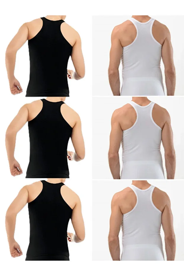 6 Piece Pack Men's 3 Black 3 White Sweat Absorbing Rambo Undershirt, Men's Sports Rambo Undershirt