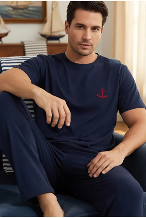 Navy Blue Short Sleeve Knit Men's Pajama Set 7794