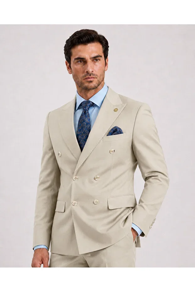 Men's Double-Breasted Beige Suit - Men's Jacket Trousers