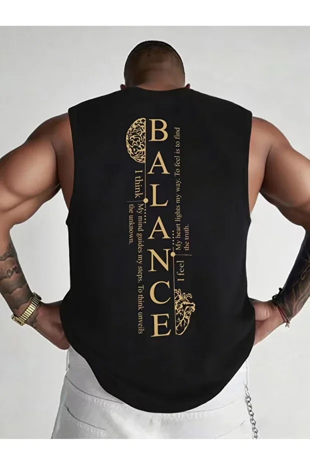 Men's Streetwear Style Original Print Black Cotton Sleeveless Top