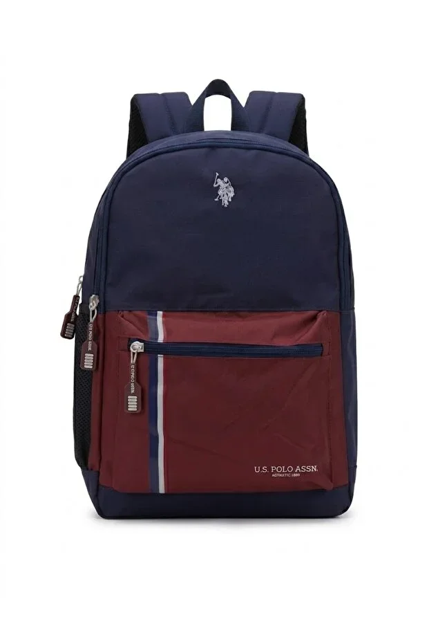 Navy Blue Bordeaux Color Block Backpack - School and Daily Use