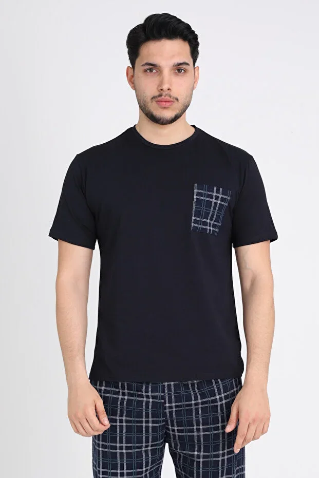 Leeds Wrist %100 Cotton Men's Short Sleeve Plaid Navy Pajama Set