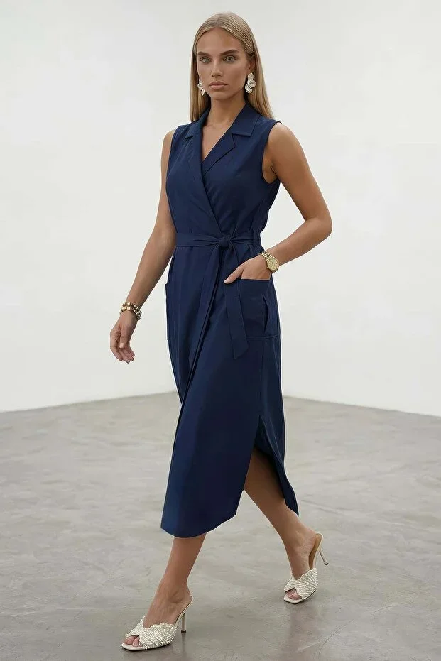 Navy Blue Cross-Collar Pleat Detail Pocketed Sofia Linen Dress ALC-X15419